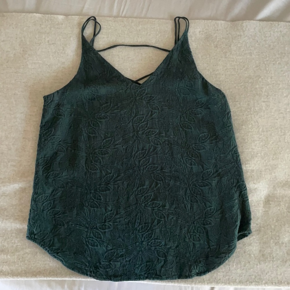 LOFT Green Cami with Stitched Floral Pattern